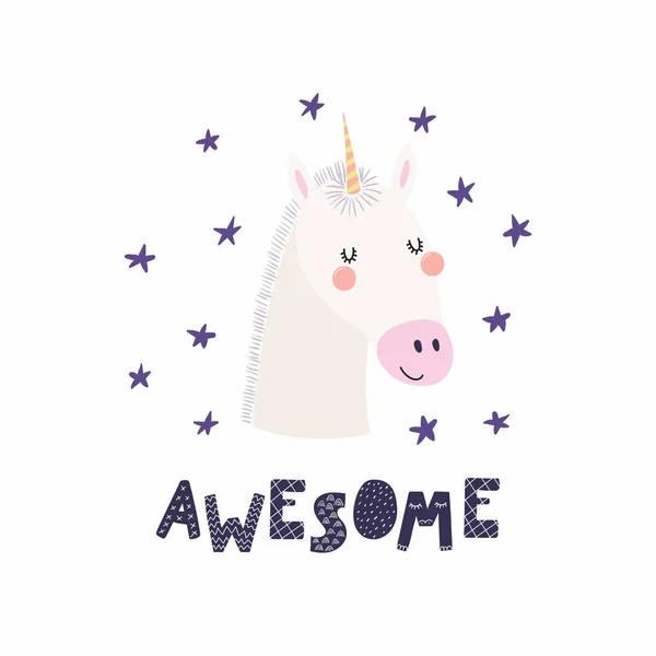 Rolig Unicorn Ansikte Med Stjärnor Och Ordet Awesome — Stock vektor