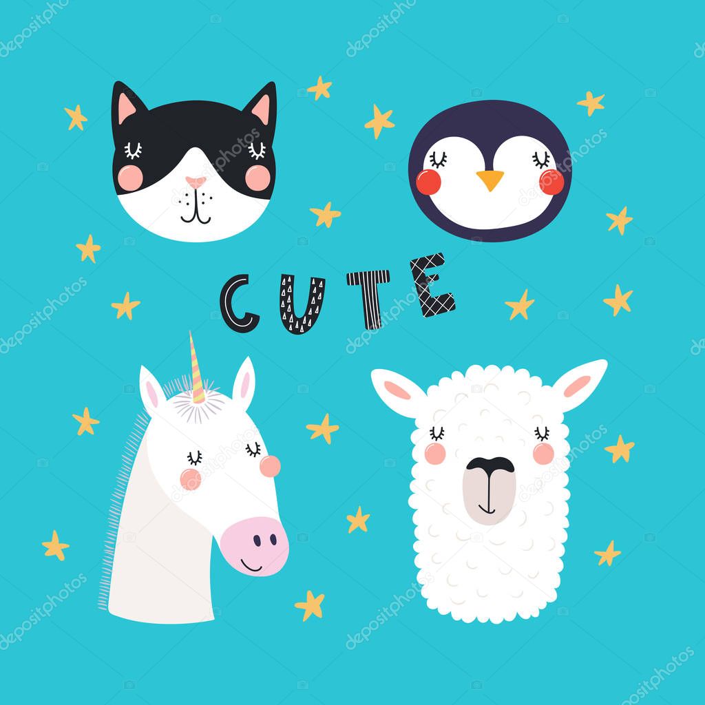 Set of funny animals faces with word Cute