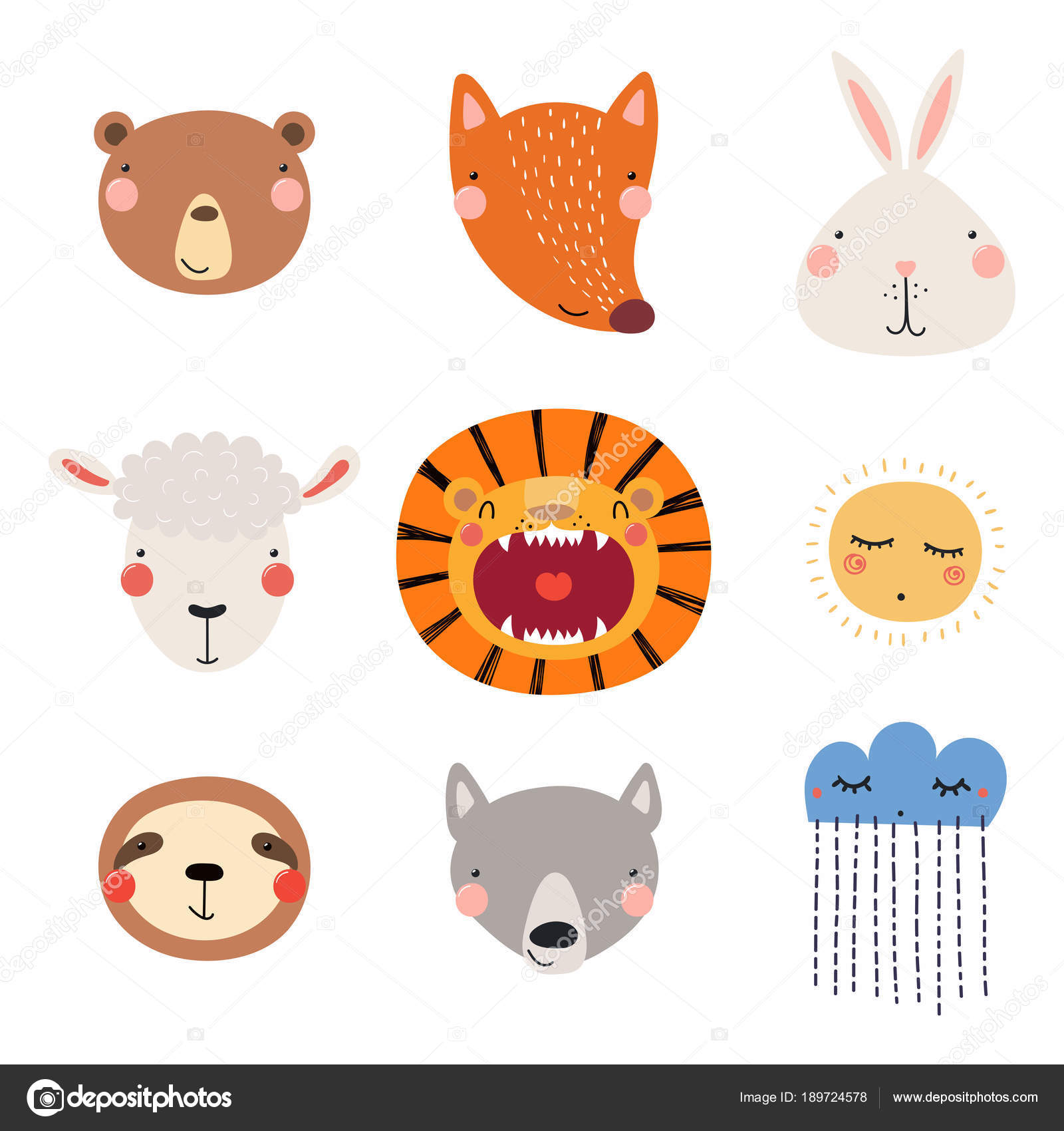 かわいい面白いセット手描き下ろし別動物の顔 雨とクラウド 孤立した