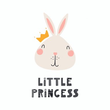Teklif küçük Prenses yazı ile bir taç, şirin komik tavşan yüzüne çizilmiş vektör çizim ver. İzole nesneleri. İskandinav tarzı düz tasarım.