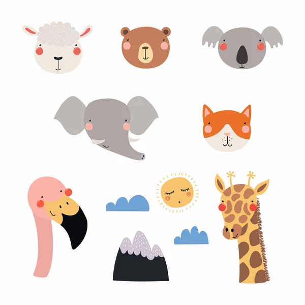 Conjunto Mano Divertida Lindo Dibujado Diferentes Caras Animales Sol Nubes — Vector de stock