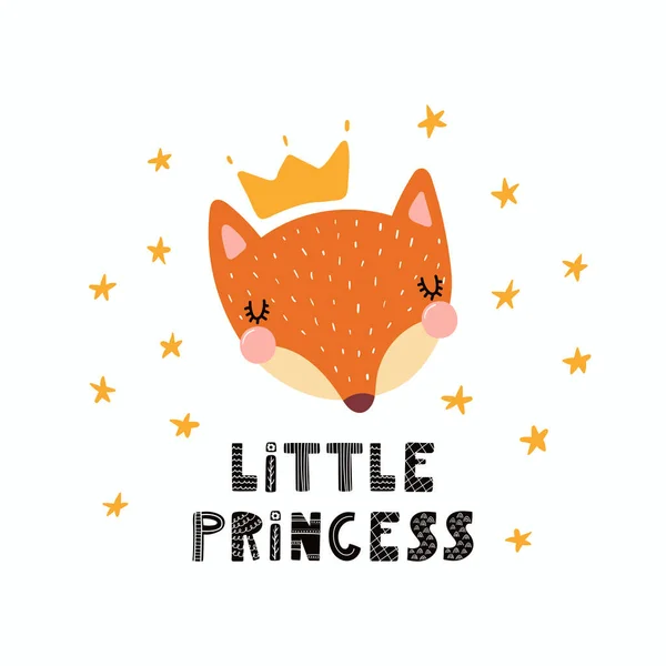 Hand Drawn Vector Illustration Cute Funny Fox Face Crown Lettering — Stock Vector