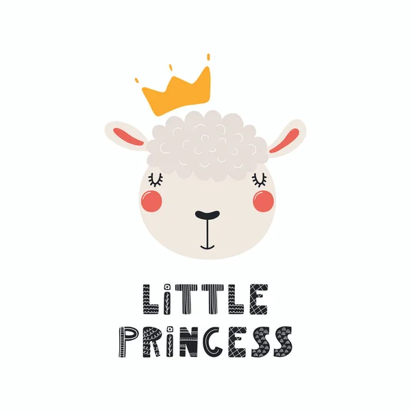 Векторная Иллюстрация Милого Смешного Овечьего Лица Короне Надписью Маленькая Принцесса — стоковый вектор