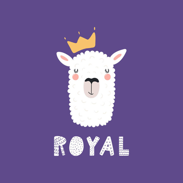 Hand drawn vector illustration of a cute funny llama face in a crown, with lettering quote Royal. Isolated objects. Scandinavian style flat design.