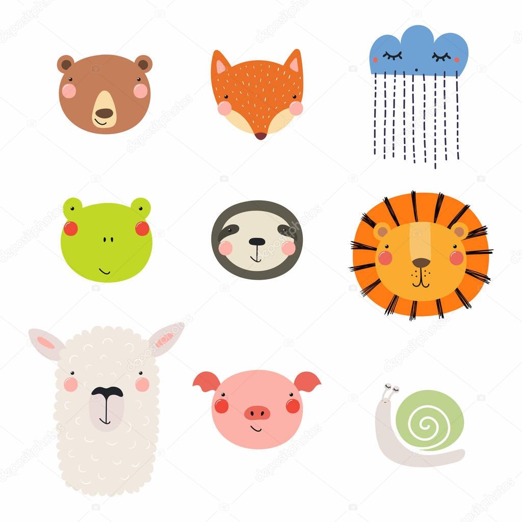 Set of cute funny hand drawn different animal faces, snail, cloud with rain. Isolated objects. Vector illustration. Scandinavian style flat design.