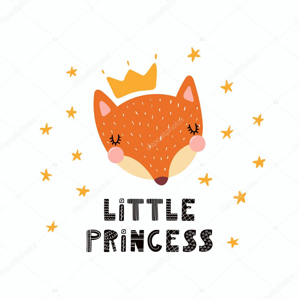 Hand drawn vector illustration of a cute funny fox face in a crown, with lettering quote Little princess. Isolated objects. Scandinavian style flat design.