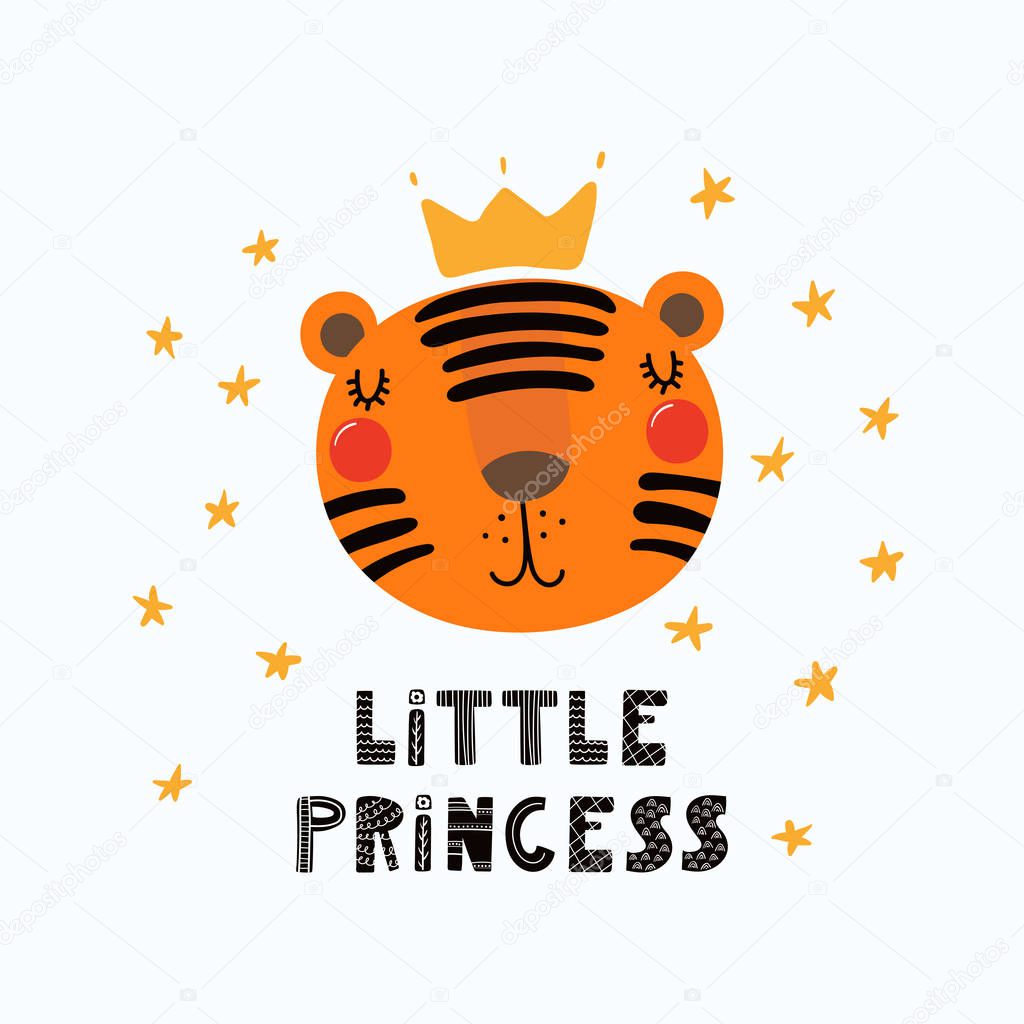 Hand drawn vector illustration of a cute funny tiger face in a crown, with lettering quote Little princess. Isolated objects. Scandinavian style flat design. Concept for children print.