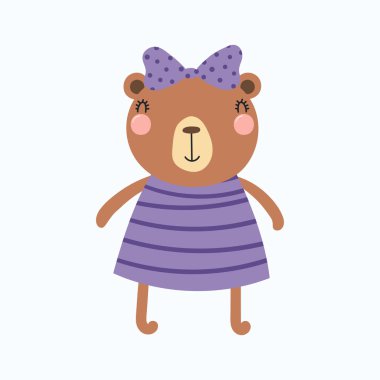 Elbiseli, beyaz arka plan üzerinde izole kurdele ile el çekilmiş şirin komik ayı kız