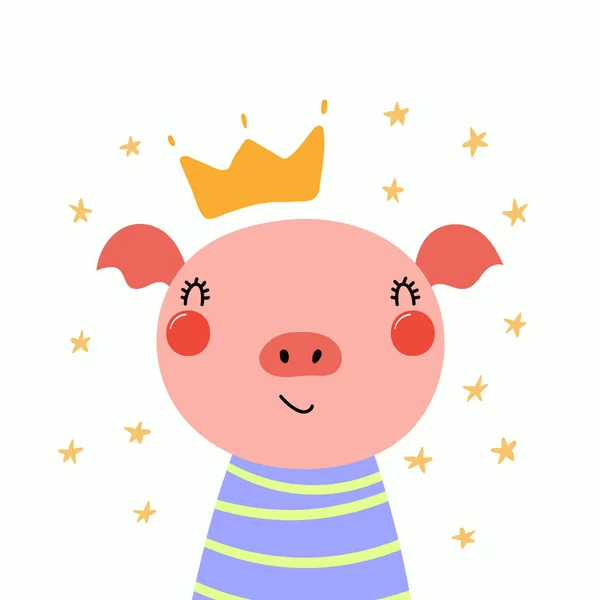 手绘可爱有趣的小猪在衬衫和皇冠 与明星孤立的白色背景 — 图库矢量图片