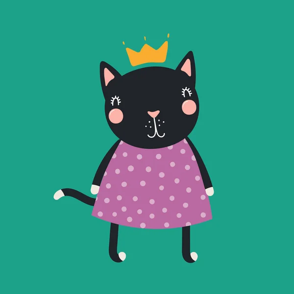 Dibujado Mano Lindo Gato Divertido Chica Vestido Corona — Vector de stock