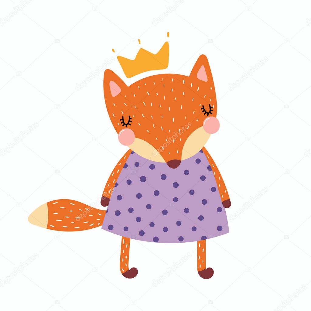 Hand drawn cute funny fox girl in dress and crown isolated on white background