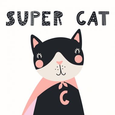 Alıntı süper kedi beyaz arka plan üzerinde izole yazı ile cape el çekilmiş şirin komik kedi