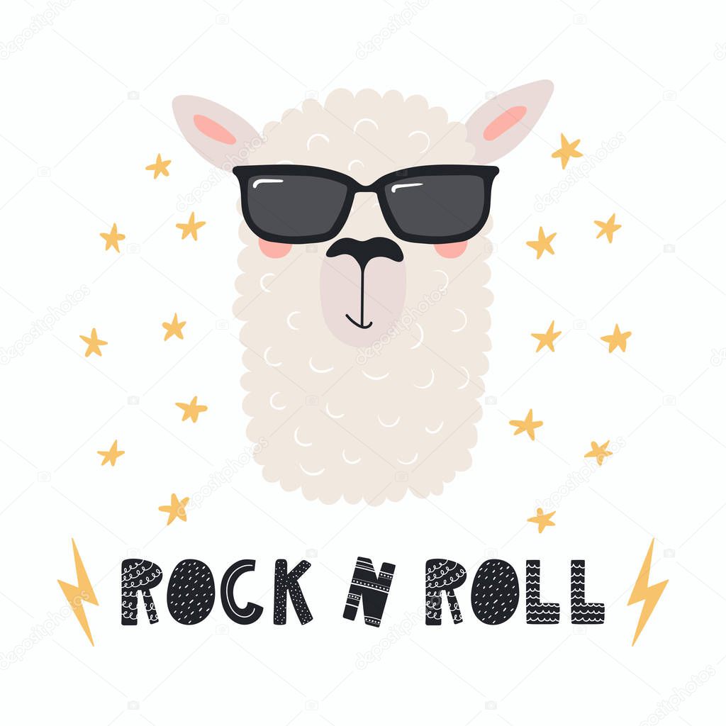 Hand drawn cute funny llama in sunglasses with lettering quote Rock n roll isolated on white background