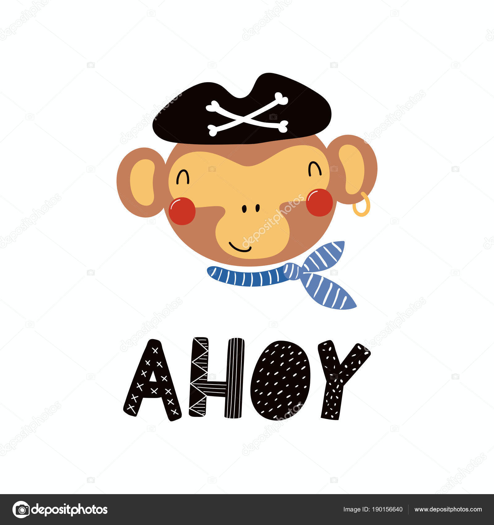 Hand Drawn Scandinavian Style Cute Funny Monkey Pirate Tricorn Hat