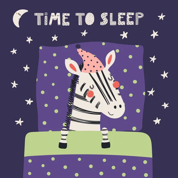 Tangan Digambar Skandinavia Gaya Lucu Zebra Tidur Malam Hari Dengan - Stok Vektor
