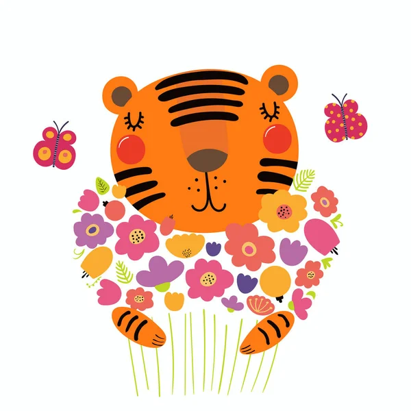 Mão Desenhada Estilo Escandinavo Tigre Engraçado Bonito Segurando Buquê Flores —  Vetores de Stock