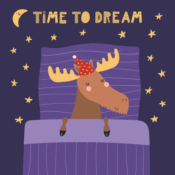 Hand Drawn Scandinavian Style Cute Funny Moose Sleeping Nightcap Pillow Vector Graphics