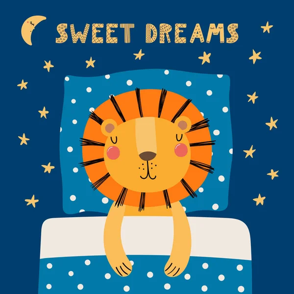 Hand Drawn Scandinavian Style Cute Funny Lion Sleeping Pillow Blanket Royalty Free Stock Vectors