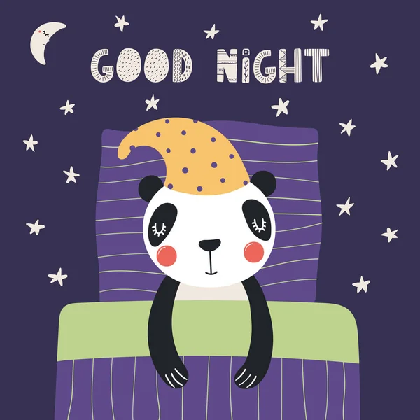 Hand Drawn Scandinavian Style Cute Funny Panda Sleeping Nightcap Pillow Stock Illustration