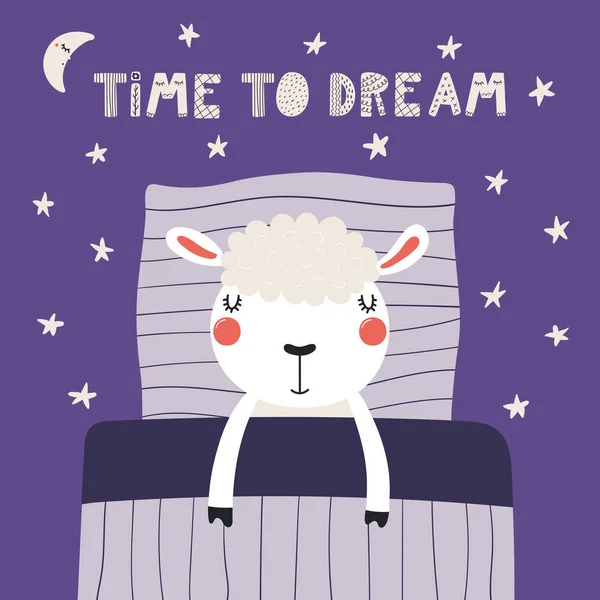 Hand Drawn Scandinavian Style Cute Funny Sheep Sleeping Pillow Blanket Stock Illustration