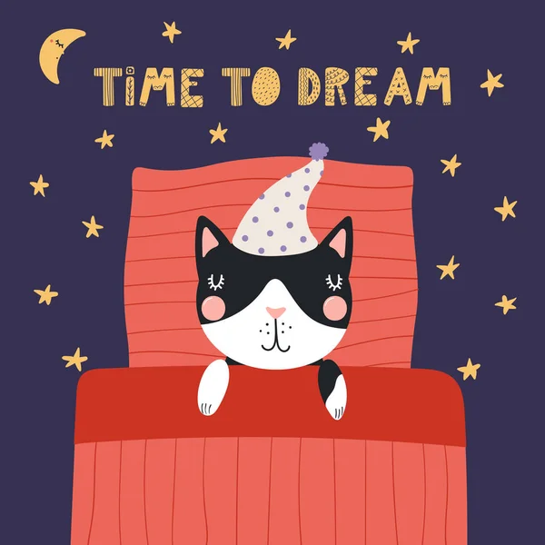 Hand Drawn Scandinavian Style Cute Funny Cat Sleeping Nightcap Pillow Royalty Free Stock Illustrations