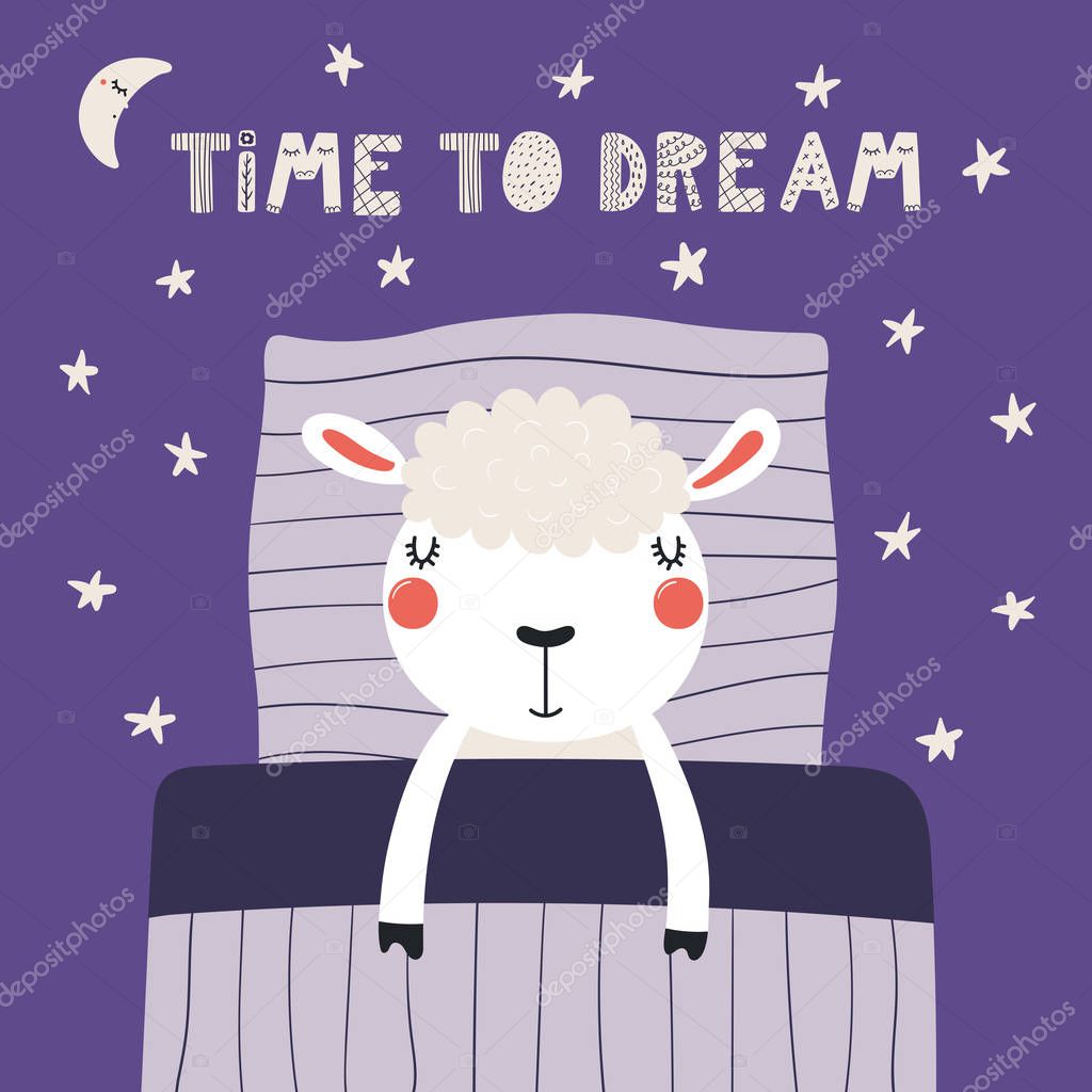 hand drawn in scandinavian style of cute funny sheep sleeping with pillow and blanket with lettering quote Time to dream, Concept for children print, vector, illustration