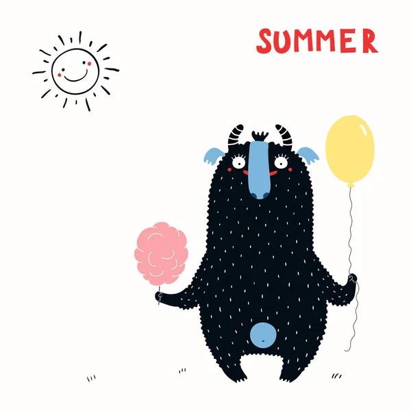 手绘可爱滑稽的怪物与棉花糖和气球在夏季天 — 图库矢量图片