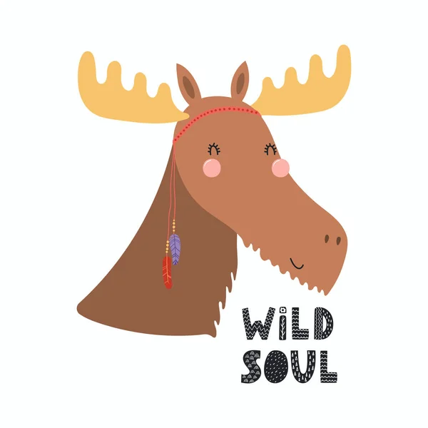 手描き羽とレタリング引用野生の魂 ベクトル イラストかわいい面白い部族ムースのスカンジナビア風のカード — ストックベクタ