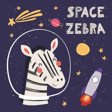 kuyruklu yıldız ile uzay ve roket yazı alıntı uzay zebra, vektör, illüstrasyon ile şirin komik zebra İskandinav tarzı çizilmiş el ile kart