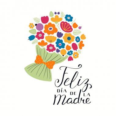 Anneler Günü tebrik kartı teklif mutlu anneler günü İspanyolca ve buket çiçek, vektör, illüstrasyon harflerle yazılmış el ile