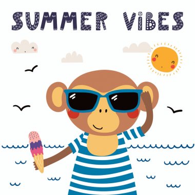 elle Mayo ile güneş gözlüğü ve dondurma yazı alıntı yaz vibes, vektör, illüstrasyon ile sevimli komik maymun İskandinav tarzı çizilmiş