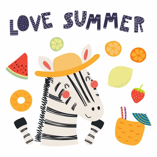 手绘制斯堪的纳维亚风格的可爱可笑的斑马草帽与夏季元素和刻字引述爱夏天 — 图库矢量图片