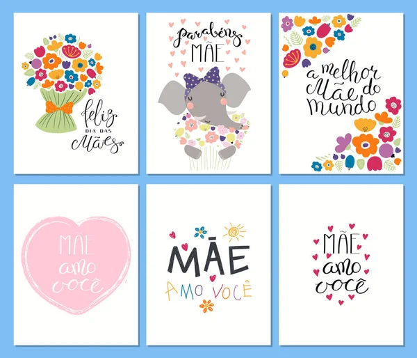 Set Mothers Day Cards Templates Hand Written Lettering Quotes Portuguese — Stock Vector