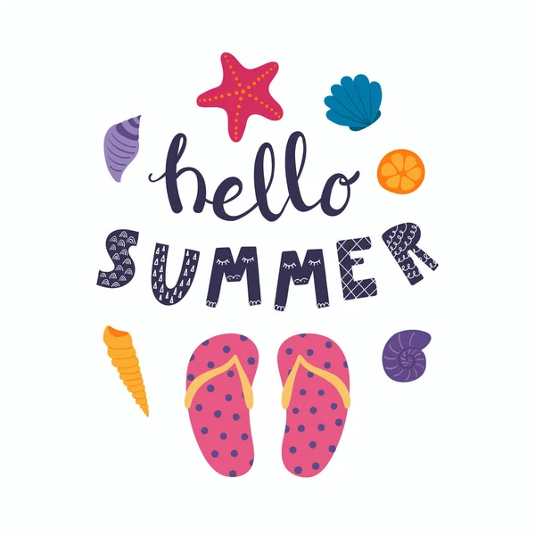 Citazione Scritta Disegnata Mano Hello Summer Con Infradito Conchiglie Oggetti — Vettoriale Stock