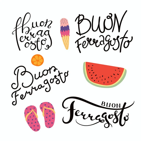 Conjunto Citas Letras Ferragosto Escritas Mano Italiano Con Objetos Verano — Vector de stock