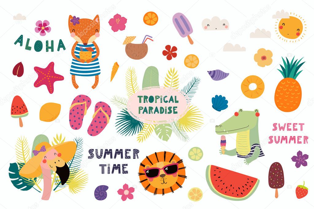 Big set of cute funny animals and summer design elements and quotes. Isolated objects on white background. Vector illustration. Scandinavian style flat design. Concept for children print.
