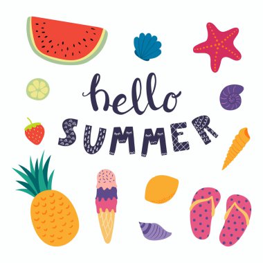 Elle çizilmiş yazı alıntı Merhaba yaz yaz nesnelerle. Beyaz arka plan üzerinde izole nesneleri. Vektör çizim. İskandinav tarzı düz tasarım. Çocuklar baskı için kavramı.