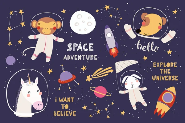 Gran Conjunto Lindos Astronautas Animales Divertidos Espacio Con Planetas Estrellas — Vector de stock