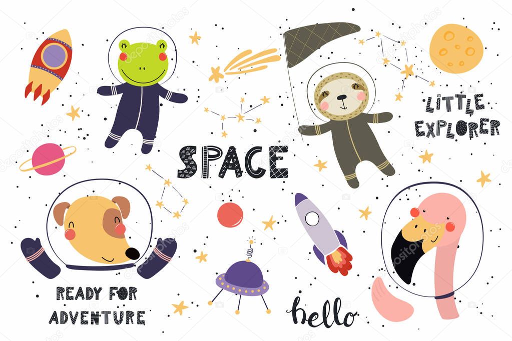 Big set of cute funny animal astronauts in space, with planets, stars, quotes. Isolated objects on white background. Vector illustration. Scandinavian style flat design. Concept for children print.