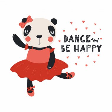 Tutu etekli komik bir panda balerinin el çizimi tasviri, sivri uçlu ayakkabılar, harfli dans ve mutlu ol. Ayrı nesneler. İskandinav tarzı düz tasarım. Çocuk yazdırma kavramı.