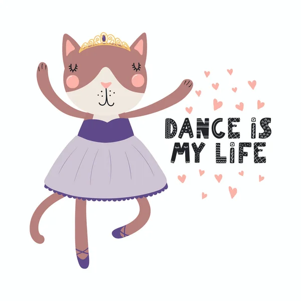 Hand Drawn Vector Illustration Cute Funny Cat Ballerina Tutu Pointe — Stock Vector