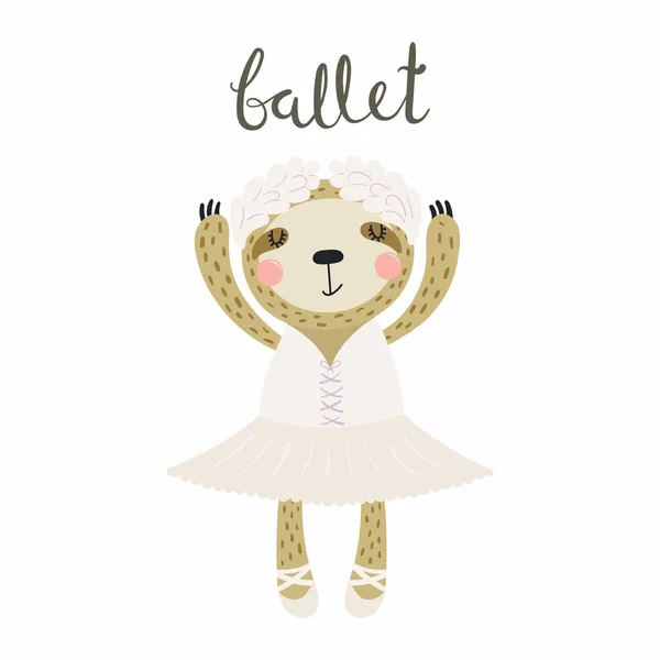 Hand Drawn Vector Illustration Cute Funny Sloth Ballerina Tutu Pointe — Stock Vector