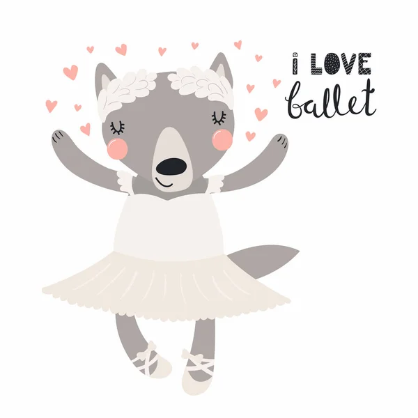 Hand Drawn Vector Illustration Cute Funny Wolf Ballerina Tutu Pointe — Stock Vector