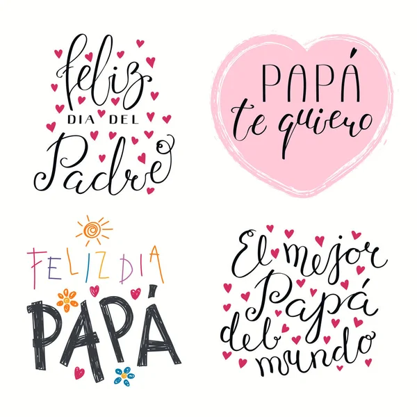 Set Hand Written Fathers Day Lettering Quotes Hearts Childish Drawings — Stock Vector