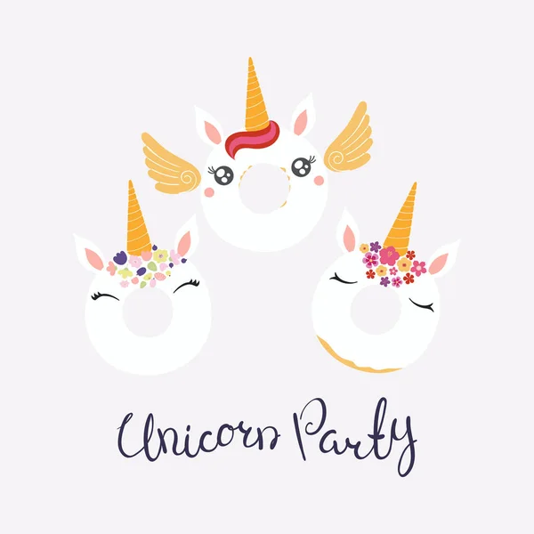 Set Cute Funny Donuts Unicorn Faces Lettering Quote Unicorn Party — Stock Vector