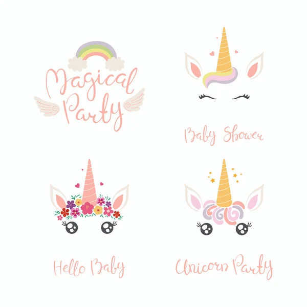 Set Wenskaarten Met Handgeschreven Babydouche Belettering Citaten Met Schattige Unicorn — Stockvector