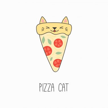 Kawaii komik pizza dilimi kedi yüz ve kulaklar ile çizilmiş vektör çizim el, çocuk baskı için konsept tasarım