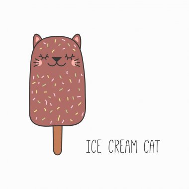 Kedi yüz ve kulaklar olan kawaii Komik Dondurmalar çubuk çizilmiş vektör çizim el, çocuklar için yazdırma konsept tasarım