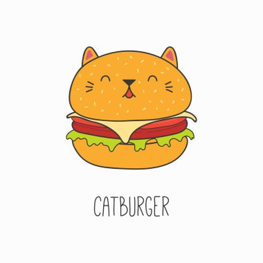 Kawaii komik burger kedi yüz ve kulaklar çizilmiş vektör çizim el, çocuk baskı için konsept tasarım