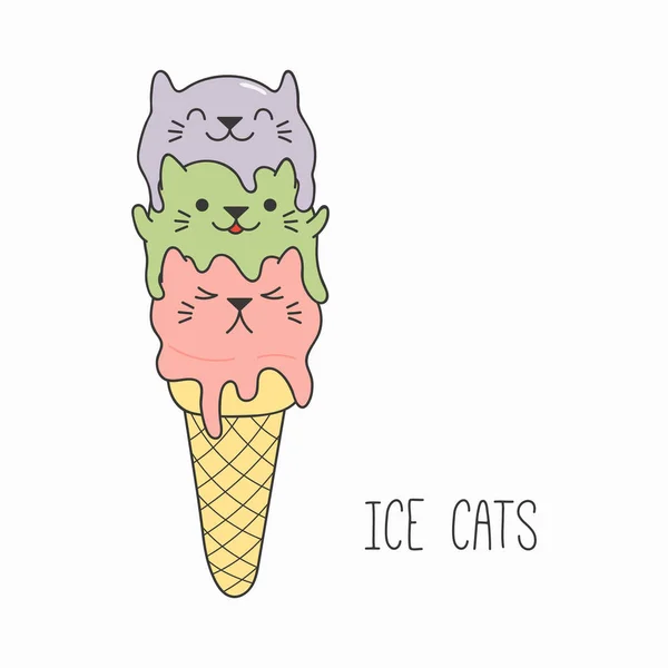 Ręcznie Rysowane Wektor Ilustracja Kawaii Śmieszne Lodów Stożek Kot Twarzy — Wektor stockowy